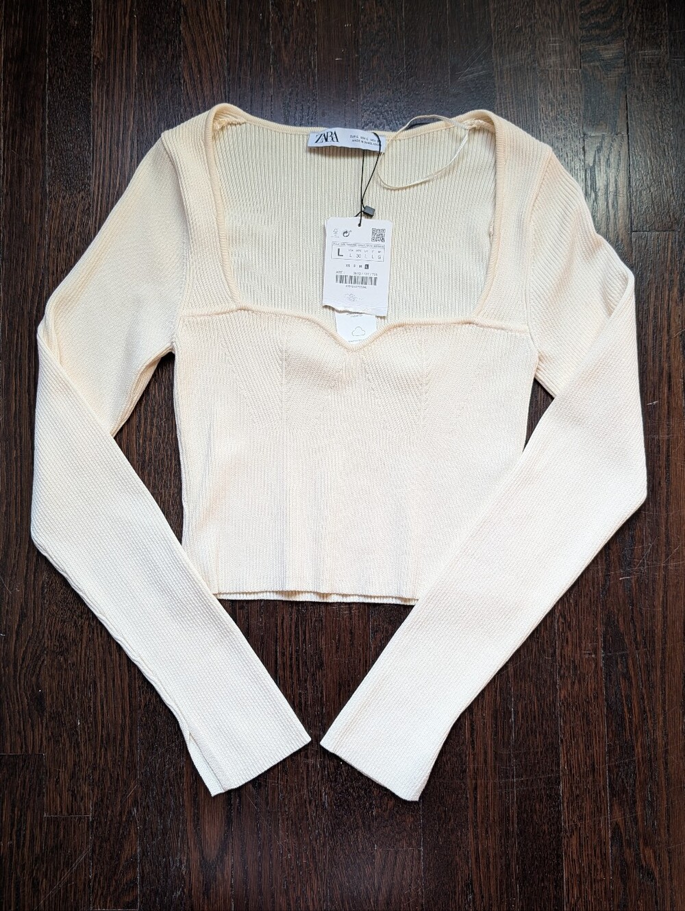 Zara Ribbed Knit Sweetheart Neckline Long Sleeve Crop Top Size L NWT